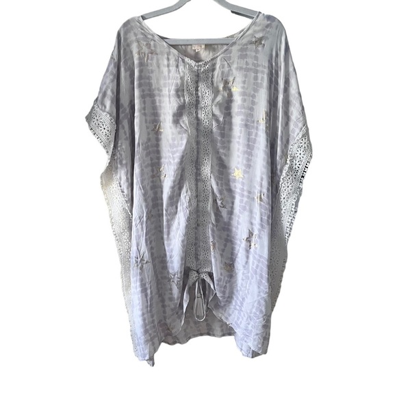 Surf Gypsy Boho Tunic Beach Cover Up Tye Die Gold Stars Crochet - Picture 1 of 6
